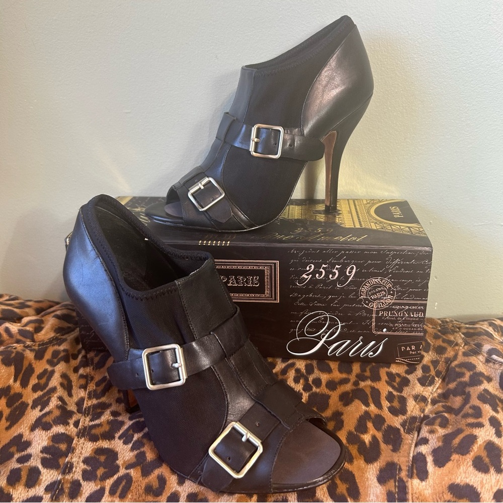 SAKS Fifth Avenue Black Leather Open PeepToe Side Buckle Heeled Ankle Boots